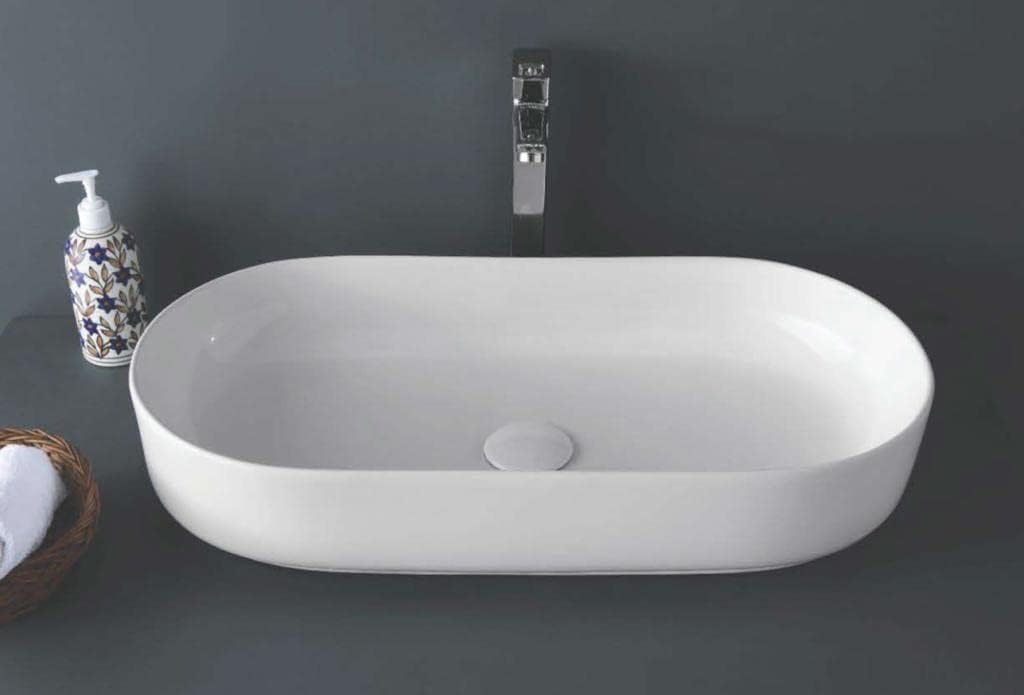 REMOTION Ceramic Table Top Wash Basin Vessel Sink Over Counter | Counter Top Design Wash Basin For Bathroom & Living Room (Capsule Shape White Wash Basin, 28 x 14 x 5.5 Inch) (B0C8V7Z4N3) Amazon Price History, Amazon Price Tracker