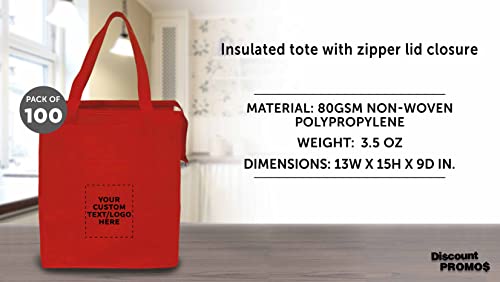 DISCOUNT PROMOS Custom Non-Woven Insulated Tote Bags Set of 100, Personalized Bulk Pack - Reusable, Great for Picnic, Camping, Beach, Outdoor Activities - Red4
