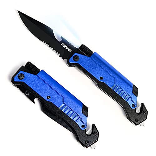 DISPATCH Survival Tactical Military Folding Pocket Knife, with LED Light, Seatbelt Cutter, Window Glass Breaker, Serrated Clip Point Blade and Aluminum Handle for Outdoor, Tactical, Survival, and EDC, 5   Closed, Blue