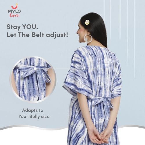 Image of Maternity Dress for Women with Breastfeeding Zippers | Kaftan Dress | Adjustable Belt for Growing Belly | Feeding Dress for Pre & Post Pregnancy