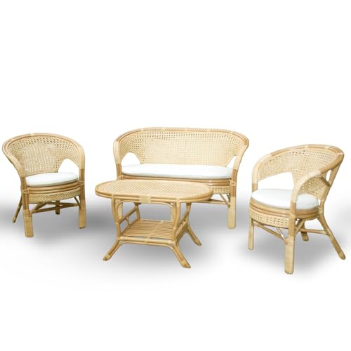 Salon Amanda avec 1 Canapé, 2 fauteuils, 1 table basse en osier tressé avec paille de Vienne avec coussins offerts