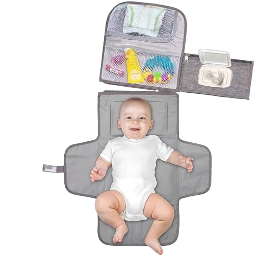 AIRCADIA Cambiador Bebe Portatil, Cambiador Con Compartimentos, Almohada Y Bolsa ExtraíBle Para Toallitas HúMedas, Cambiador Impermeable Plegable Cambiador Bebe Portatil (Gris)