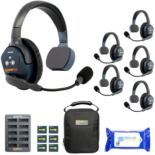 Eartec ETP6S Ultralite PRO16 Hands Free Full Duplex Wireless Headset Communication for 6 Users – 6 Single Ear Headsets, Up to ½ Mile Range, with SolidSignal Cleaning Wipes Bundle