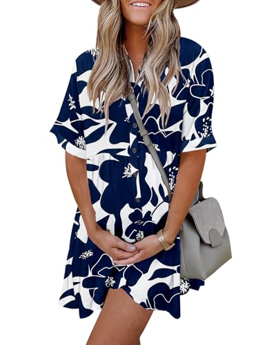 PYGFEMR Women's Short Sleeve Babydoll Dress Button Down Dresses, White Navy Flower L