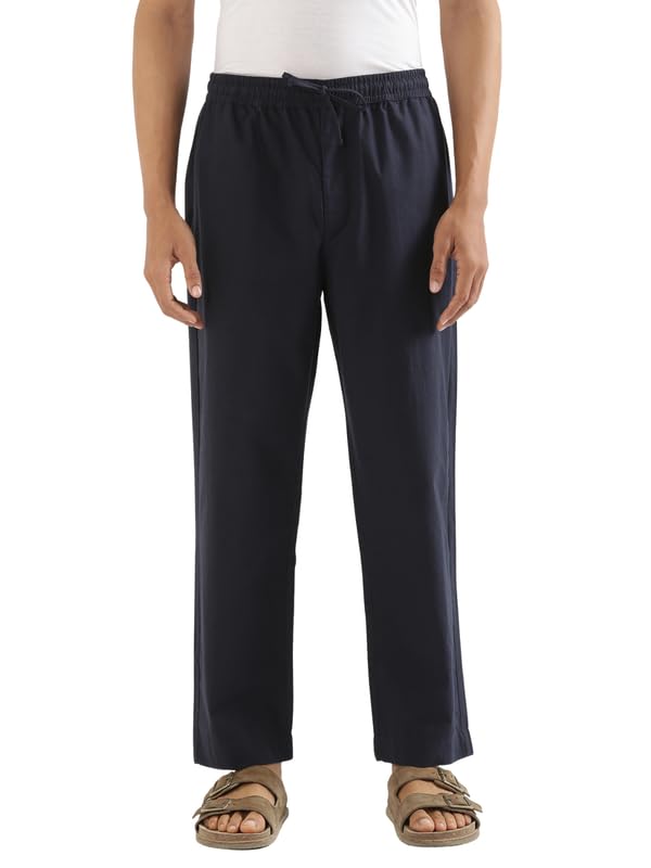 Image of SAADAA Men's 100% Cotton Pants | Mid-Rise Straight Fit Casual Trousers with Elastic Waistband and 3 Pockets | Everyday Wear