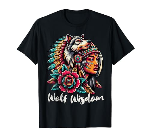 Cabeza de lobo indio nativo americano, flor, tribal, bohemio Camiseta