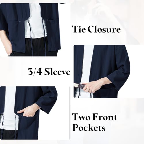 Image of Haseil Men's Kimono Cardigan Japanese Jackets Casual Cotton 3 /4 Sleeve Shirt Open Front Coat Lightweight Linen Outwear