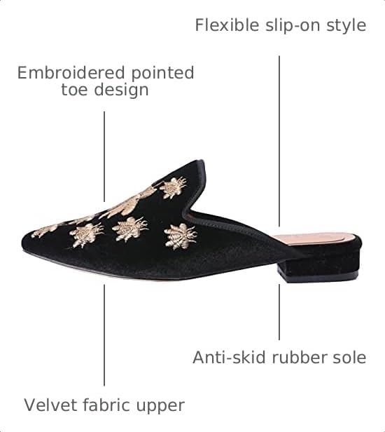 Image of Fericzot Women's Velvet Backless Pointed Toe Slip On Loafers Flats Embroidery Mule Slippers Shoes