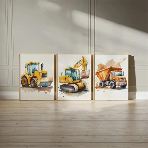 Uixxducc 3er Set Bilder Poster Kinderzimmer Baufahrzeuge Baumaschinen Bagger Bilder Set Junge Mädchen Wandbilder Deko Babyzimmer Kinderbilder Premium Ohne Rahmen
