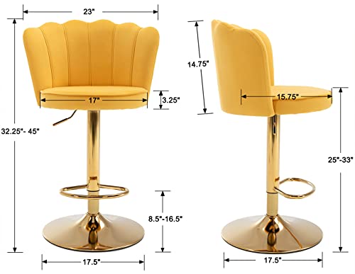 Kmax Velvet Bar Stools Swivel Height Adjustable Counter Stools With Golden Base Nailhead Footrest Petal Back For Kitchen Island, Set Of 2- Yellow #TOP1