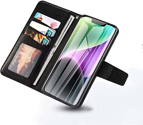 Funda para iPhone 14 con tapa de cuero negro y pulsera para salir sin bolso