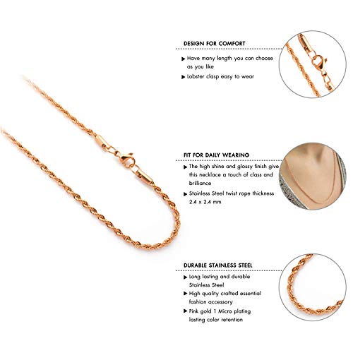 555Jewelry Stainless Steel High Polish Classic Charm Cable Chain Twisted Singapore Rope Link Secure Single Claw Clasp Necklace Women Men Unisex Jewelry Accessory, Pink Rose Gold 20 Inch #TOP4