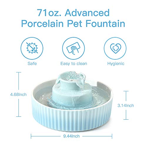 Image of 360 Ceramic Pet Fountain, Advanced Porcelain Cat Water Fountain, 70 oz.Drinking Fountains Bowl for Cat and Dogs with Replacement Filters and Foam (Green Blue)