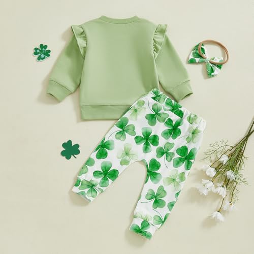 Karuedoo Toddler Baby Girl St Patricks Day Outfit Letter Print Ruffle Long Sleeve Sweatshirt Clover Pants Headband 3Pcs Set3