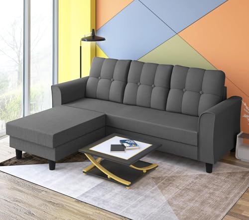 Image of Adorn India Maddox Tufted L Shape 4 Seater Wood Sofa Set (Grey) (3 Year Warranty)