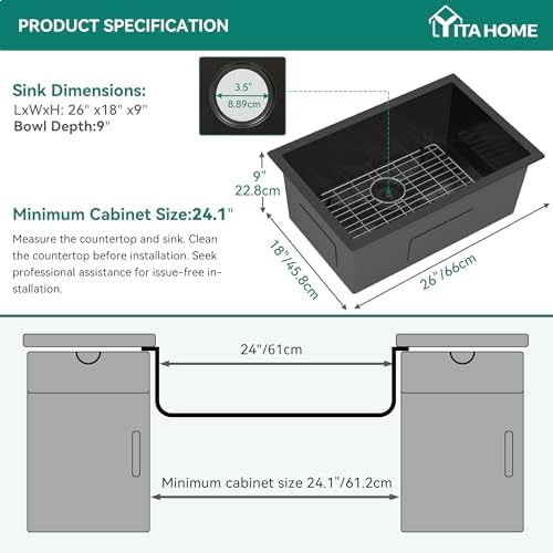 YITAHOME Lavello da Cucina in Acciaio Inossidabile Nero ad Incasso Singola Vasca 66x45.7x2|8 cm con Cestello e Scarico