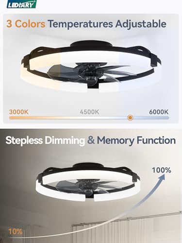 Image of LEDIARY 2 Pack 20 inch Ceiling Fans with Lights and Remote, Low Profile Ceiling Fan, 3 CCT, Stepless Dimmable, Fandelier Flush Mount Fan Light, 6 Speeds, DC Motor, App & Remote Control for Bedroom(Black)