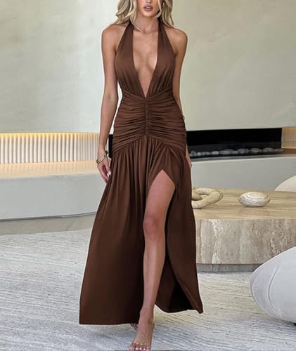 Ekaliy Women's Sexy Halter Deep V Neck Maxi Dress Sleeveless Backless High Slit Ruched Long Dress Summer Party Cocktail Dress4