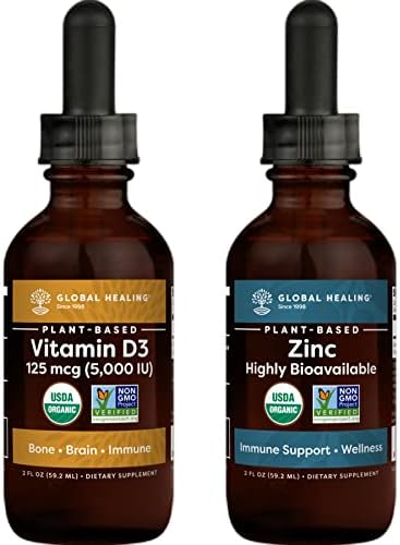 Global Healing Zinc & Vitamin D3 Kit – Organic Liquid Supplement Drops Support Immune System & Healthy Cell Growth & Liquid Supplement Drops for Strong Bones & Encourage Positive Mood – 2 Fl Oz Each