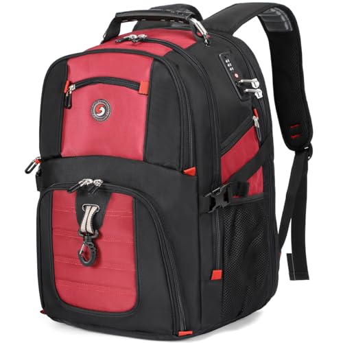 SHRRADOO Extra Large 50L Travel Laptop Backpack with combination lock, College Backpack Airline Approved Business Work Bag Fit 17 Inch Laptops for Men Women,Red