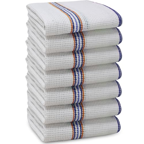 Towelogy TDC_50 Premium Cotton Dish Cloths for Washing Up Dishes Odor-Resistant– Large Size 35x40cm Soft & Absorbent Kitchen Dish Towels (7, White/Blue Stripes)