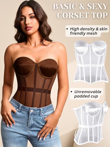 Image of Kaei&Shi Sheer Mesh Overbust Corset,Sexy Strapless Lace Up Satin Bra Corsets Top For Women Shapewear
