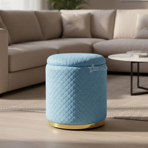 Image of Premium Round Storage Ottoman Stool 13 X 13X 16 inch, with Gold Metal Base | Luxury Pouffe with Hidden Storage | Cushioned Footrest for Living Room, Bedroom & Lounge Sky Blue