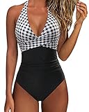 SUUKSESS Women Sexy Tummy Control One Piece Swimsuits Halter Push Up Monokini Bathing Suits (Black Gingham, L)