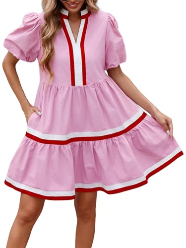 Image of LifeShe Womens Puff Sleeve Babydoll Dress V Neck Navy Blue Striped Color Block Tiered Mini Dresses