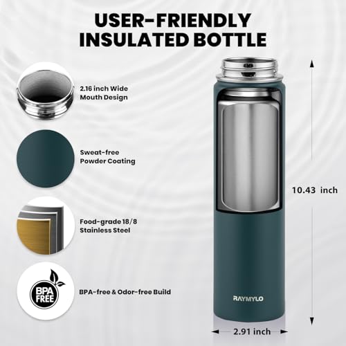 Image of RAYMYLO Insulated Water Bottle 24 oz, Triple Wall Vacuum Stainless Steel (Cold for 24Hrs, Hot for 12Hrs), Leak Proof & Non-BPA, Modern Water Flask Jug with Paracord Handle & Straw Spout Lids