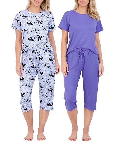 Real Essentials 2 Pack: Womens Pajamas Short Sleeve Sleepwear Tops and Capri Pants Pjs Print Pajama Sets (Available In Plus)