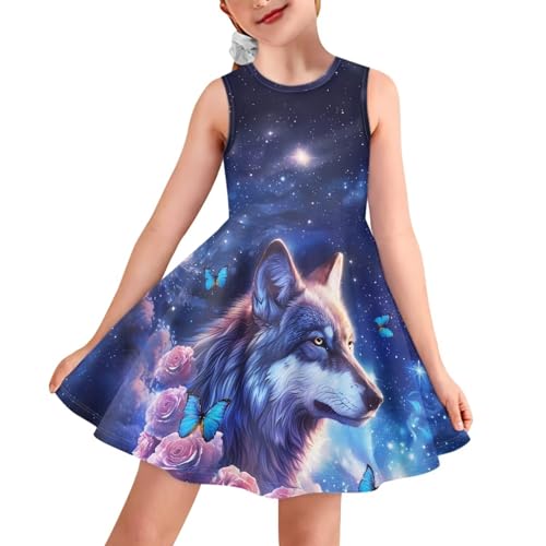 Epaihaiy Vestido acampanado fluido para niñas, trajes de verano, sin mangas, vestido casual, Galaxy Wolf Rose, 11-12 años