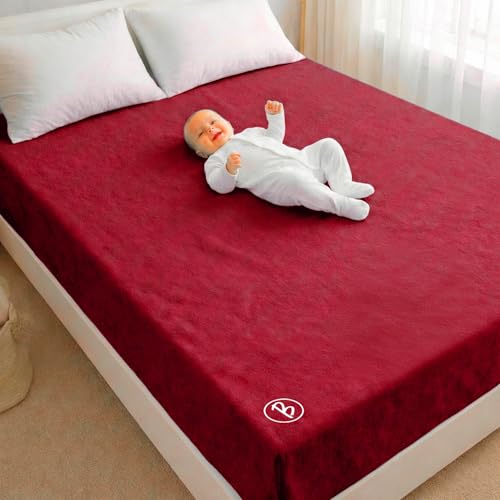 Image of Btag Baby Waterproof, Super Soft Fast Drying Mattress Protector | Extra Absorbent, Anti-Itching Sheet for New Born,Toddler (Size 200x210 cm, Pack of 1, Dark red)