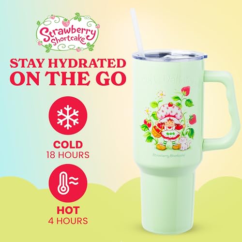 Image of Silver Buffalo Strawberry Shortcake and Custard inchLife is Delicious! inch Double Walled Stainless Steel Tumbler with Handle, Fits in Standard Cup Holder, 40 Ounces
