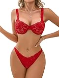 Lilosy Sexy Floral Lace Scallop Underwire Push Up Sheer Lingerie Set Outfits Women See Through Match Thong Bra and Panty 2 Piece Red Medium