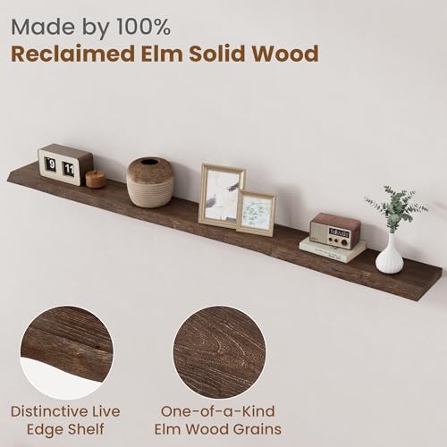 Image of Floating Shelves for Wall Decor, Rustic Solid Elm Wood Live Edge Floating Shelves Wall Mounted, Wall Shelves with Invisible Bracket for Living Room Bathroom Bedroom Kitchen, 72 Inch, Walnut