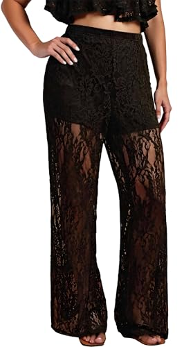 Pantalon long en dentelle FEOYA transparent noir pour look été festival