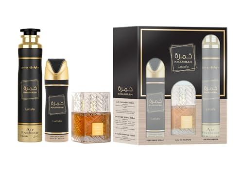 Lattafa Khamrah For Unisex 3 Piece Gift Set (3.4 Fl Oz EDP + 6.67 Fl Oz Deo + 10.14 Fl Oz Air Freshener) - Image 2