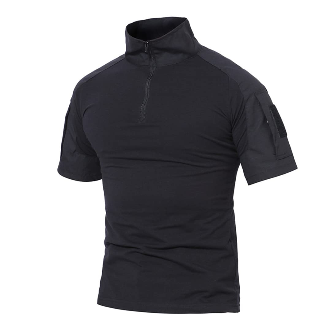 T-Shirt Militare da Uomo T-Shirt Tattica Manica Corta 1/4 Zip Abbigliamento Militare t-Shirt Lavoro Escursionismo Campeggio (Nero L)