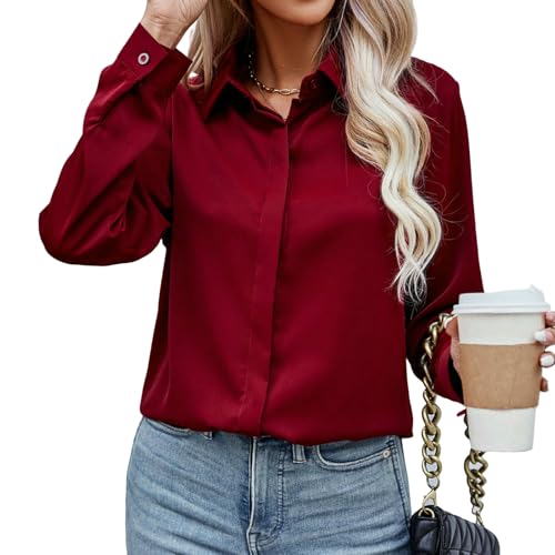 HSHSWA Blouses for Women UK Women's Shirt Long Sleeve Chiffon V Neck Button Casual Work Office Tops-red-XXL