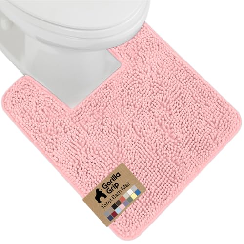 Image of GORILLA GRIP Plush Absorbent Shaggy Chenille Bath Rug Mat for Square Toilet Base with Rubber Backing, Machine Washable Rugs, Soft Microfiber Contour Mats for Toilets, Bathroom Decor, Lt Pink
