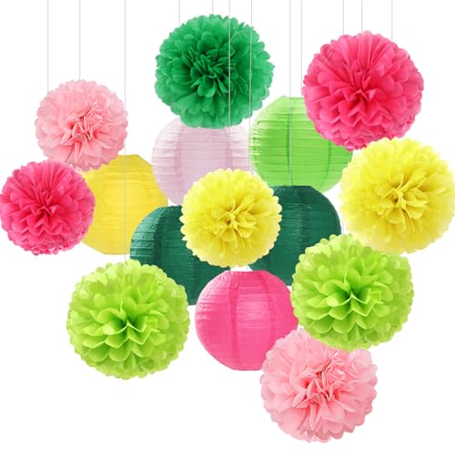 Image of Hawaiian-Summer Pool Party-Decorations Paper-Flowers Lanterns - 15pcs Luau Tropical Beach Tissue Pom Poms Streamers,Birthday Bachelorette Wedding Baby Shower Graduation Hanging Supplies Decor Hugfond