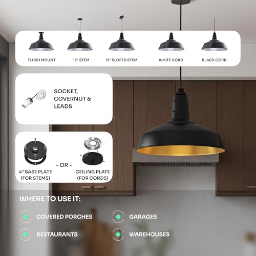 Image of Steel Lighting Co. Carson Barn Light | Ceiling Mounted Pendant | 16 inch Dome | 12 inch Sloped Stem | Industrial Style Steel Light Made in America | Galvanized Exterior /Galvanized Interior