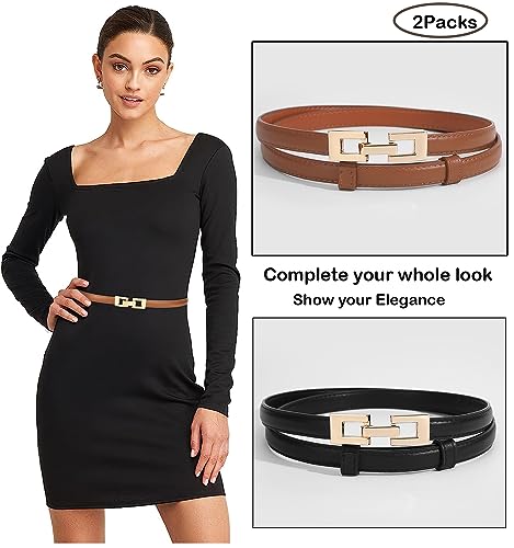 ALAIX 2Pack Skinny Leather Belts for Women Dress Belts Thin Waist Belt with Gold Buckle Adjustable Women's Belt2