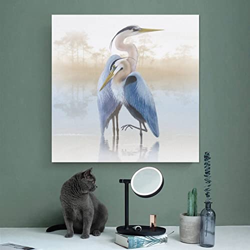 Hazy Blue Heron Wall Art Asian Watercolor Heron Wall Art Wildlife Poster Canvas Posters Prints Picture For Living Room Bedroom Office Kitchen Decor 16X16Inch(40X40Cm) Unframe-Style #TOP3