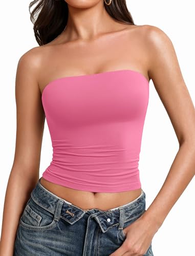 Avidlove Tube Tops for Women Going Out Tops Double Lined Sexy Crop Bandeau Strapless Basic Tank Top Slim Fit Y2K Cute Summer Trendy Outfits Pink L