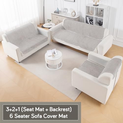 Image of HOKIPO Quilted Sofa Cover 6 Seater Set - Washable 3+2+1 Sofa Panel for Seat & Back | 'Quilt Classic' Light Grey (IN-927+926+925 * 2-LGRY)