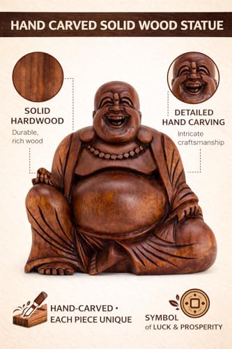 Estatua Buda sonriente en madera talla manual miniatura 3