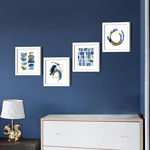 Abstract Framed Wall Art Decor: 4 Piece Minimalist Blue Brush Stroke Picture Modern Bedroom Watercolor Geometric Shape Pattern Print Small Square Gold Foil Artwork Bathroom Living Room Painting #TOP2