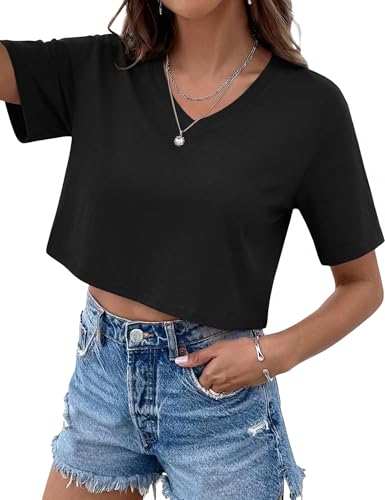 Jahetuul Tee Shirt Femme Col V Manches Mi-Longues Coupe Ample Top Femme Ete Haut Court Uni Décontracté